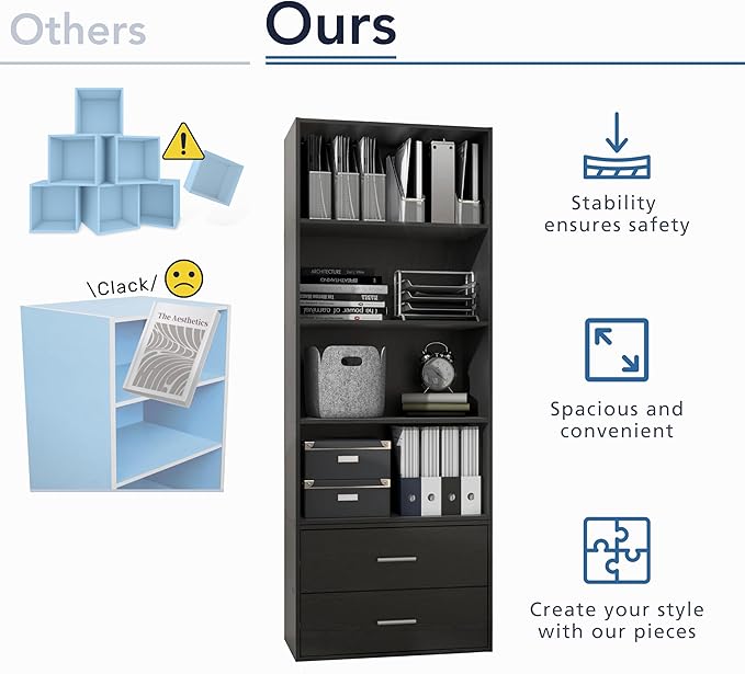 Homes: Inside + Out Apexa 2-Cube Storage Organizer Shelves, Stackable Wood Bookcase Fits Cubby Bins for Organization, Dorm Teen Room Decor & Home Office, Black