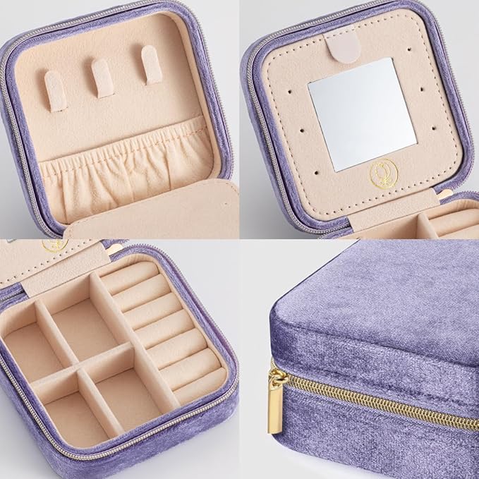 Plush Velvet Travel Jewelry Case, Travel Jewelry Organizer, Jewelry Travel Case,Travel Jewelry Box,Small Jewelry Case,Jewelry Travel Box, Earring Organizer with Mirror - Periwinkle 4packs