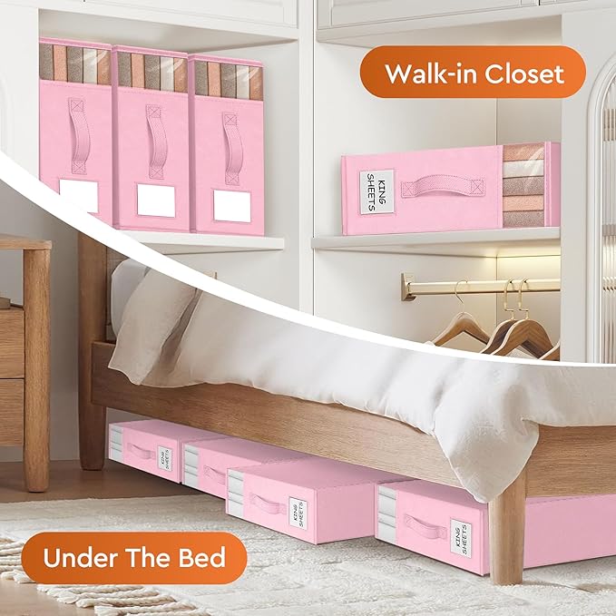 8 Pack Bed Sheet Closet Organizers and Storage,Sturdy Foldable Storage Containers with Window and Label,Storage and Organization for Bedding Sheets,Duvet Covers,Blankets (Pink)