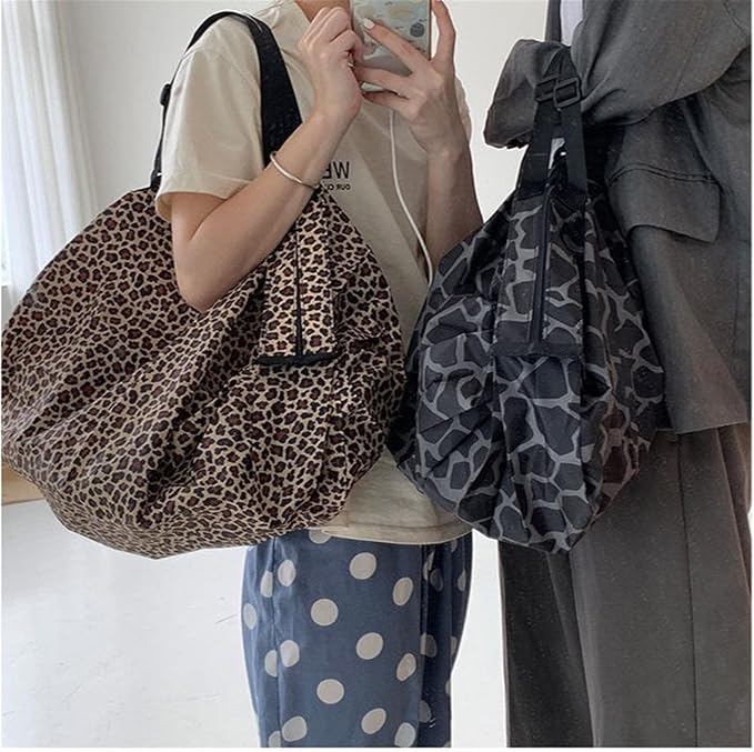 Portable Foldable Shopping Bag Large Capacity Multipurpose Storage Bag Sports Travel Shoulder Bag (Leopard Print)