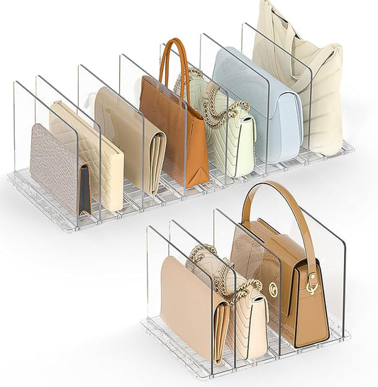 Bag & Purse Organizer for Closet: Adjustable Clear Handbag Storage Shelf - Plastic Clutch Dividers for Closet Organizers and Storage - Keep Carteras & Pocketbook Upright 3 Pack - 11Dividers