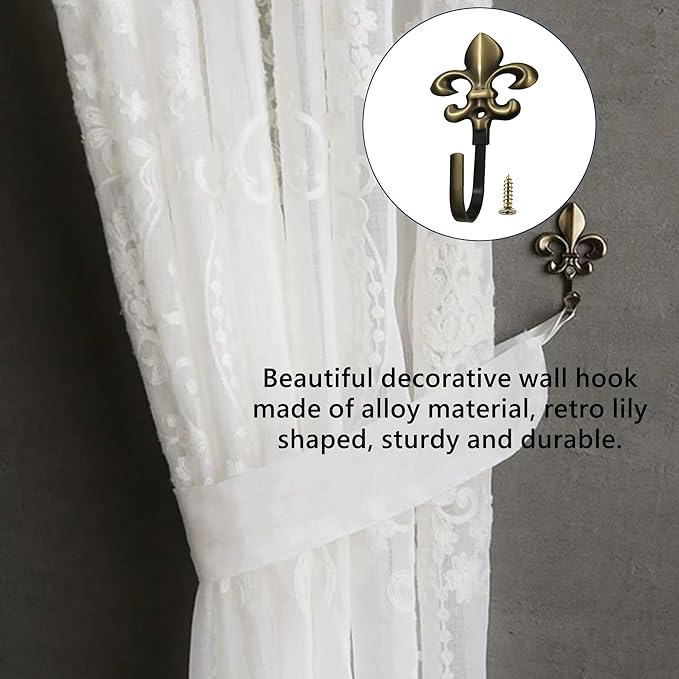 Wall Hooks, 4 Pack Decorative French Fleur De Lis Metal Hooks for Coat, Towel, Curtain Tie Back, Robe, Bag, Heavy Duty Gold Bronze Finish for Bathroom, Bedroom, Entryway(Bronze)