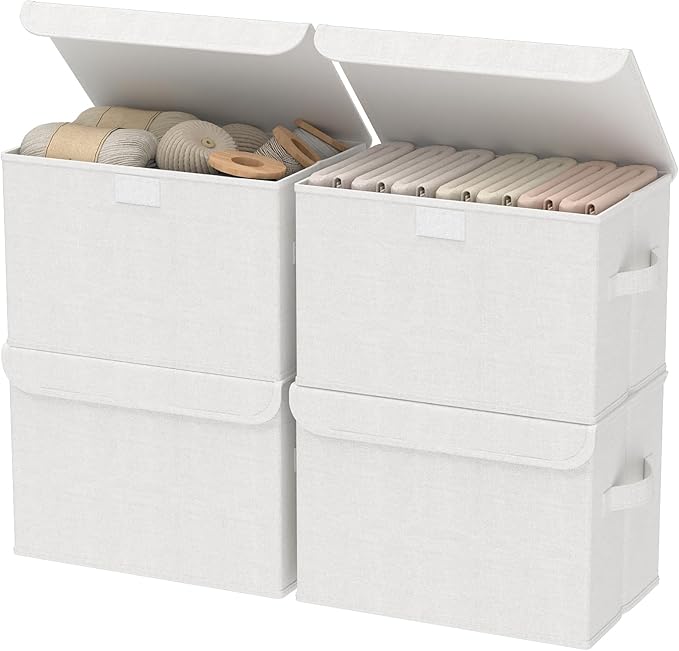 Foldable Storage Bin, Cube Organizer Basket with Flip-Top Lid and 2 Handles, Decorative Boxes for Shelves with Cover for Clothes, Towels, Blanket, 4 Pack, White, 13 x 9 x 7.9 In, XSNY12WM-4