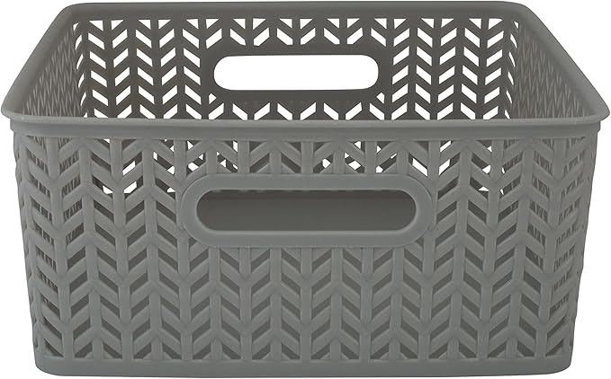 Simplify 2 Pack Medium Herringbone Storage Basket | Dimensions: 14"x11.5"x5.15" | Sturdy Polypropylene Plastic | 2 Open Handles | Lightweight | Home Organization | Heather Grey