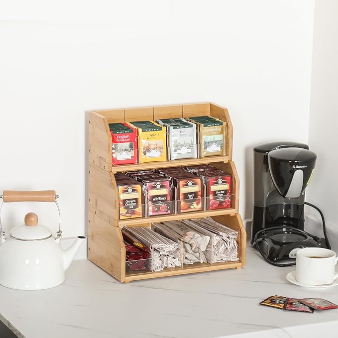 3 Layer Stackable Bamboo Tea Bag Organizer Storage Holder for Tea Bags Wood Tea Box Containers Tea Rack Teabag Station Stand for Cabinet Countertop Office(Patented Design)