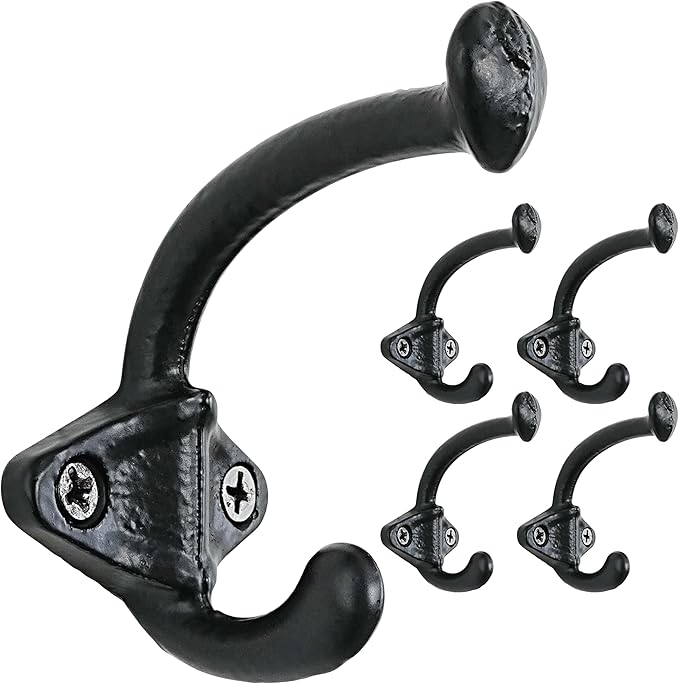 Dseap Cast Iron Wall Hooks, Heavy Duty Coat Hooks, Rustic Vintage Farmhouse Hook for Hanging Winter Coats Jackets Towels Hats Bags Plants, Antique Black, Pack of 5 (ShldCast)