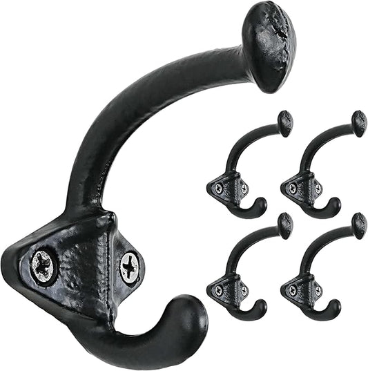 Dseap Cast Iron Wall Hooks, Heavy Duty Coat Hooks, Rustic Vintage Farmhouse Hook for Hanging Winter Coats Jackets Towels Hats Bags Plants, Antique Black, Pack of 5 (ShldCast)