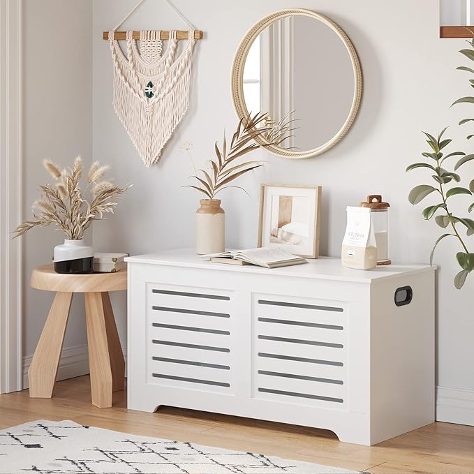DINZI LVJ Storage Chest, 39.4âWooden Toy Box with 2 Safety Hinges, Retro Entryway Shoe Storage Bench with Flip-Top, Sturdy Large Storage Trunk for Living Room, Bedroom, Easy Assembly, White
