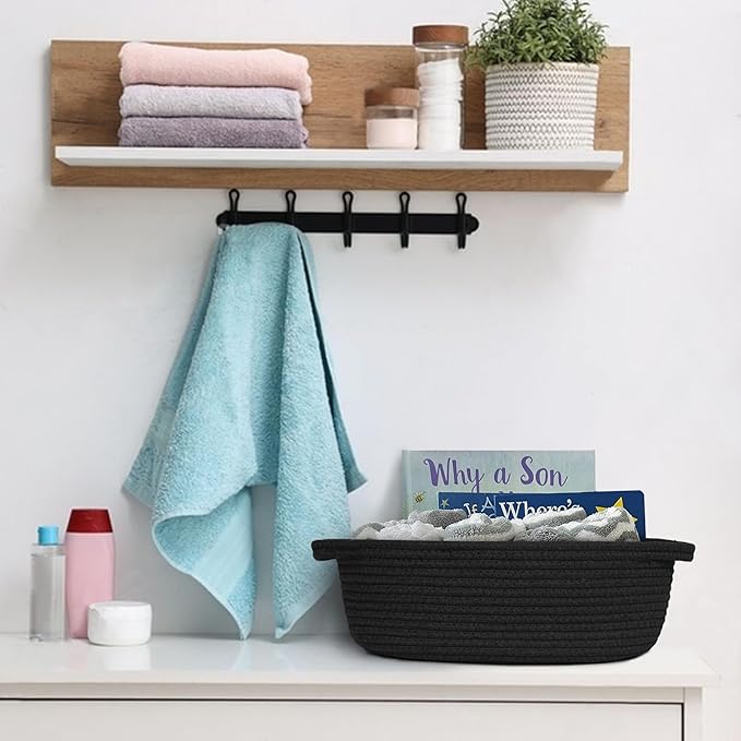 Black Woven Basket, 13â x 9â x 5â Cute Dog Toy Basket, Soft Cotton Rope Storage Box, Cat Toy Bin, Baskets for Gifts Empty, Small Baskets for Organizing, Decorative Basket