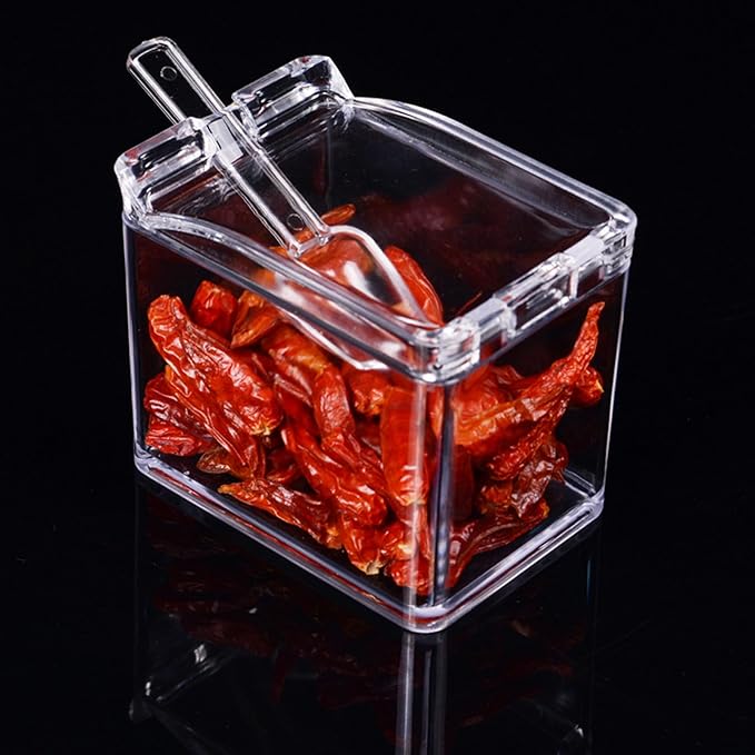 4-Cell Clear Seasoning Rack Spice Box Storage Container Condiment Jars Acrylic Seasoning Box with Cover and Spoon