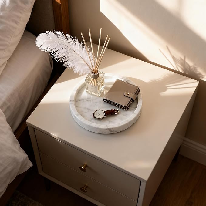 Natural Marble Tray for Rings and Jewelry Dish, 5.91 inch Round Decorative Tray for Kitchen, Vanity, Bathroom,Dressing Table, Bedside Table, Home Decor, White (NS027)
