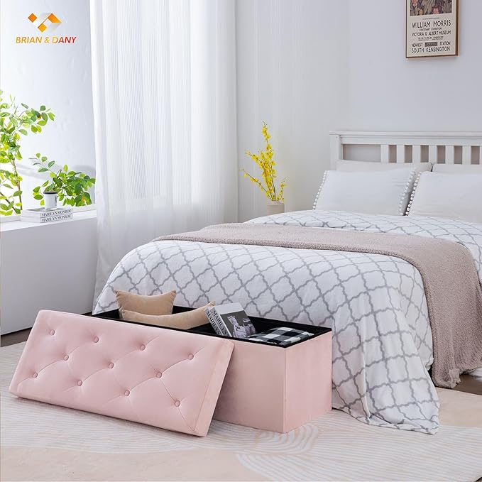 BRIAN & DANY 43 Inches Folding Storage Ottoman Bench, Velvet Ottoman with Storage for Living Room, Long Shoes Bench, Flannelette Footrest Benches Seat (Pink)