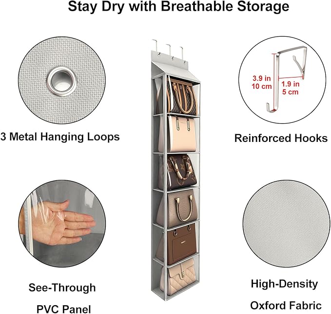 Lirex Over The Door Purse Organizer & Purse Shelf for Closet – Handbag Storage Organizer with Purse Hanger. Perfect for Scarves, Hats, and Leggings. L (15.7'' x 5.7'' x 68''), Light Grey