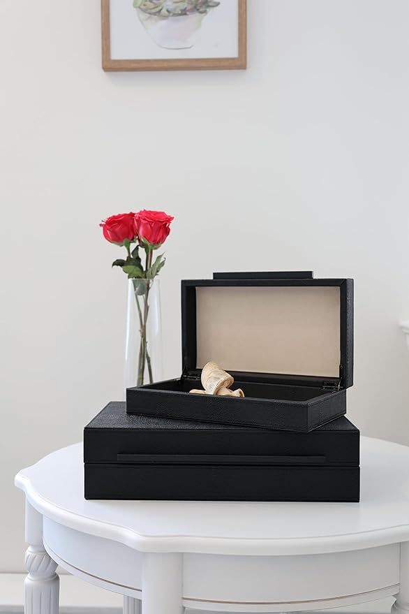 Set of 2 Decorative Boxes With Black Metal Handlesï¼PU Faux Leather Jewelry Boxes Modern Storgage Boxes With Lids Keepsake And Memory Boxes,Home Organizer Box (Black-Black, 2pack)