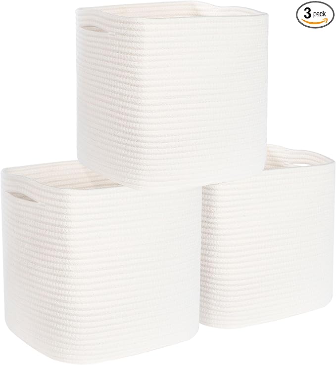 MINTWOOD Design 3-Pack 11x11in Woven Cube Storage Bin and Shelf Baskets, Cute Decorative Square Organizer for Closet, Classroom, Bathroom, Dog and Cat Toys, and Books, Creamy White