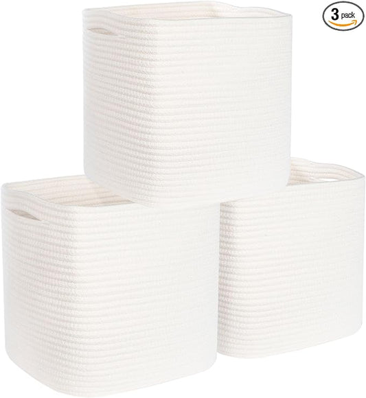 MINTWOOD Design 3-Pack 11x11in Woven Cube Storage Bin and Shelf Baskets, Cute Decorative Square Organizer for Closet, Classroom, Bathroom, Dog and Cat Toys, and Books, Creamy White
