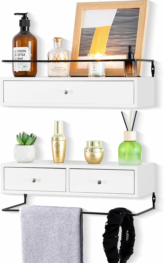 Floating Shelves for Wall Storage - Wall Mounted Bathroom Shelf Set of 2 with Drawers, Rustic Wood Shelves for Bedroom, Living Room, Kitchen, Home Decor, Plants, Books