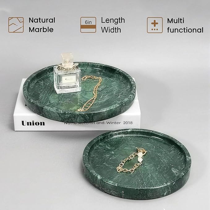 Natural Marble Tray, Round Green Tray for Bedroom/Bathroom/Kitchen/Vanity Countertop, Jewelry Tray for Rings Earrings Necklace Bracelet Watch, Room Decor Aesthetic