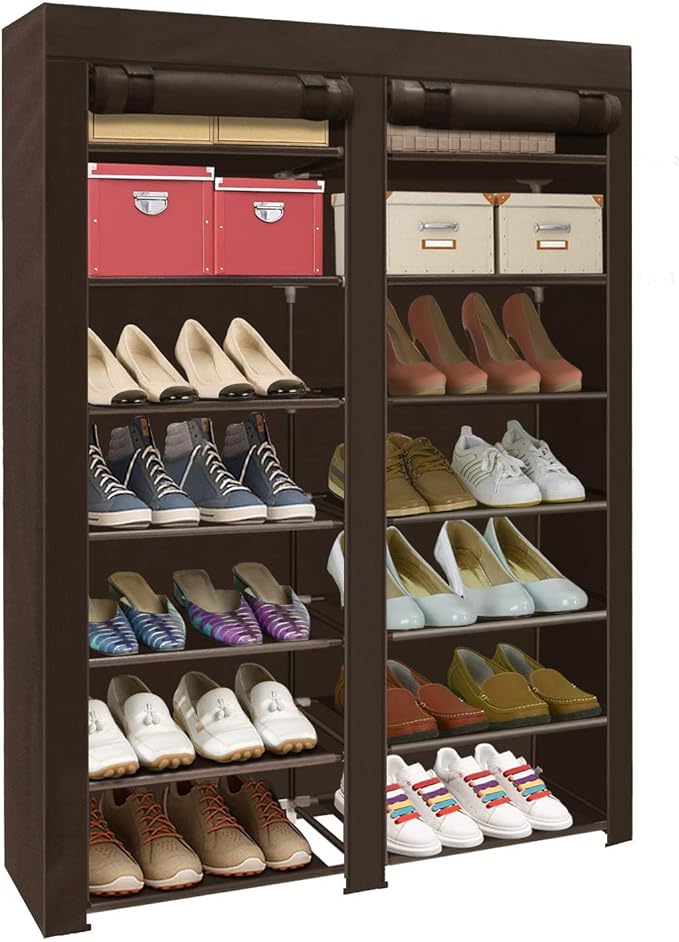 ERONE Shoe Rack Storage Organize, 28 Pairs Portable Double Row with Nonwoven Fabric Cover Shoe Shelf Cabinet for Closet