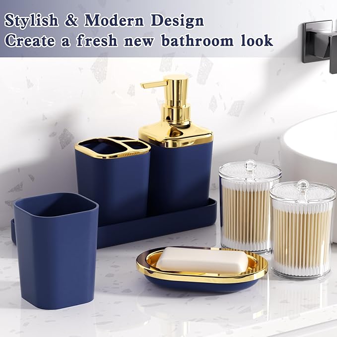 Blue and Gold Bathroom Accessories Set, Bathroom Sets with Shower Curtain, Blue Bathroom Accessories with Trash Can, Soap Dispenser, Soap Dish, Toilet Brush Holder, Qtip Holders for Bathroom