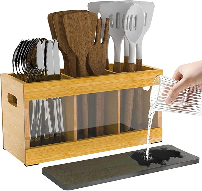Farmhouse Bamboo Utensil Organizer - 6 Adjustable Compartments, Water-Absorbing Diatomaceous Earth Base for Kitchen Counter/Party (12.6" L x 4.8" W x 5.9" H)