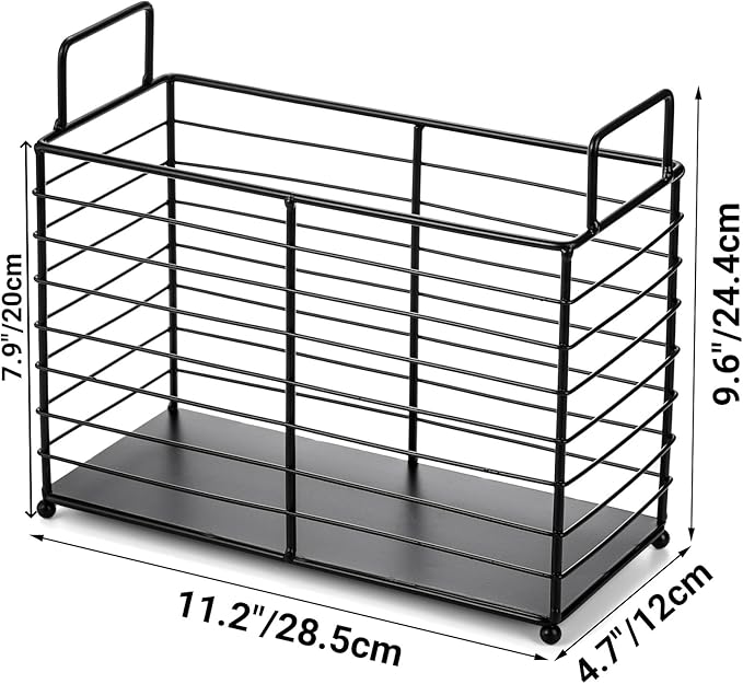 Metal Magazine Rack, Newspaper Book Tablet Storage Basket, File Holder Mail Organizer Bin with Handles, Iron Wire Black Folder Stand Holder for Home Office Bathroom Bedroom Den Living Room
