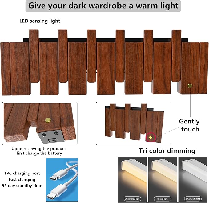 Wall Mounted Coat RackHooks Piano Key Hangers Natural Solid Wood Hanger Non-Woven Fabric Clothes Hangers for Closet, Kitchen, Bedroom, Bathroom, Entryway (Led Walnut, 8 Hooks)