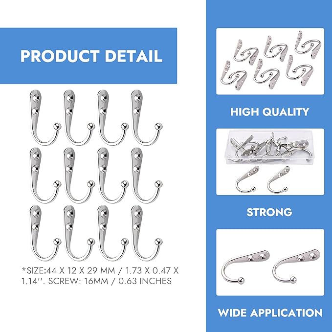 12 Pack Silver Coat Hooks Wall Mounted, Rustproof Zinc Alloy Metal Hooks for Hanging Coats, Heavy Duty Utility Key Holder Hooks with Screws for Bathroom, Entryway, Kitchen, Hat, Towel, Cup, Robe