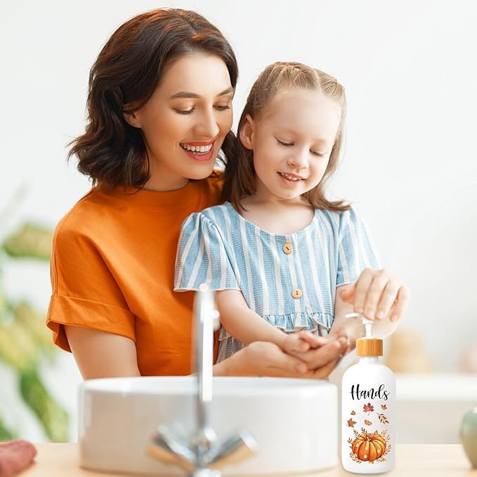 2Pcs Fall Soap Dispenser White Orange Pumpkin Leaves Glass Dispenser with Pump 16 Oz Refillable Liquid Soap Container for Autumn Harvest Thanksgiving Kitchen Bathroom