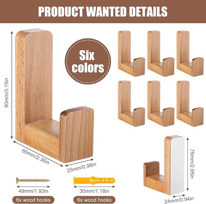 6 Pack Cute Kids Coat Wall Hooks Wooden Adhesive Decorative Colorful Wall Mounted Hangers Backpack Hooks for Hanging Keys Towel Clothes Bathroom Organization(Wood Color)