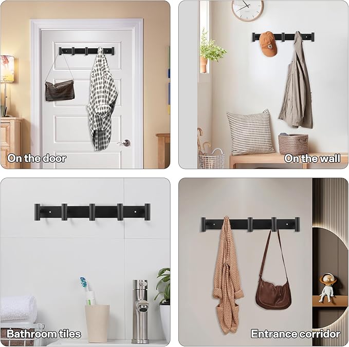 Black Wall Mounted Coat Rack – 5 T-Shaped Towel Rack for Hats, Bags & Towels, Stainless Steel Heavy-Duty Coat Hanger Towel Hooks for Entryway, Bathroom, Closet, Bedroom
