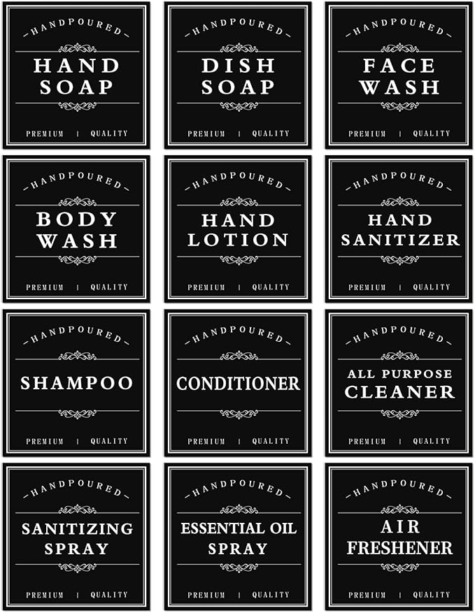 White Waterproof Soap Labels for Plastic/Glass Bottles, Bathroom/Kitchen Hand Soap Dispenser Label Stickers, Removable Cleaning Bottle Labels for Soap, Lotion, Shampoo Conditioner, 12Pack (Black)