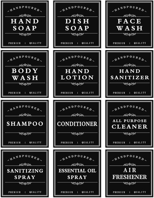 White Waterproof Soap Labels for Plastic/Glass Bottles, Bathroom/Kitchen Hand Soap Dispenser Label Stickers, Removable Cleaning Bottle Labels for Soap, Lotion, Shampoo Conditioner, 12Pack (Black)