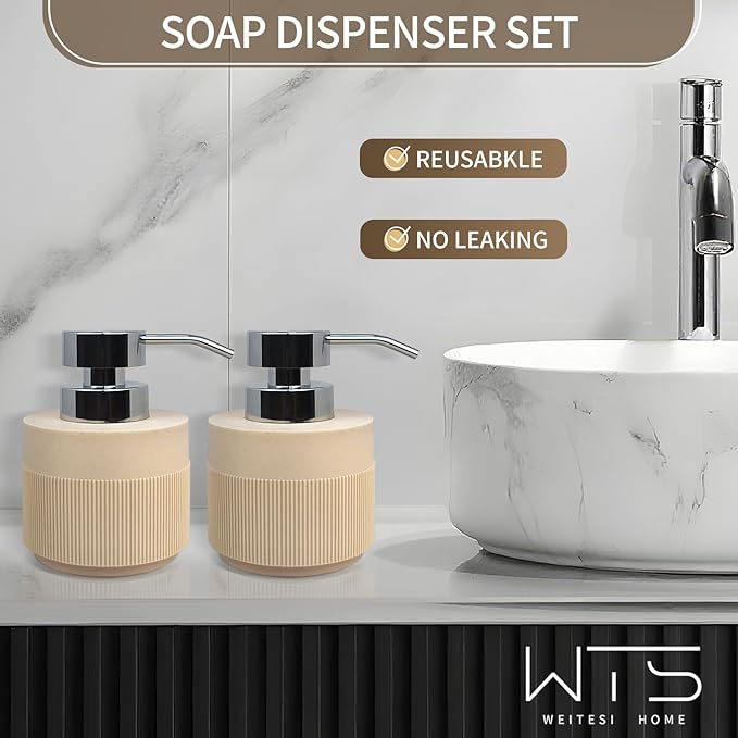 2pcs/Set 12.5oz Hand Soap Dispenser Sets, Resin Liquid Soap Dispenser with Rust Proof Pump for Bathroom Countertop, Kitchen Refillable Liquid Bottle for Hand Soap, Lotion, Body Wash