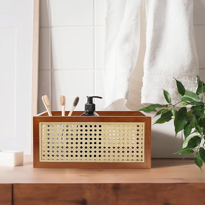 Rattan Storage Basket Large Handmade Woven Storage Bin for Organizing Decorative Wooden Box for Rustic Farmhouse Decor Home Office Tabletop Shelf Organizer, 13.8"L x 9.8"W x 6.3"H