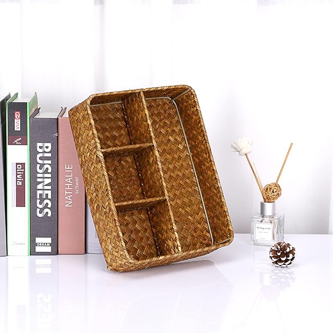 ELLDOO Brown Seagrass Tea Bag Organizer Tray, 10.2"L x 7.9"W x 2.5"H