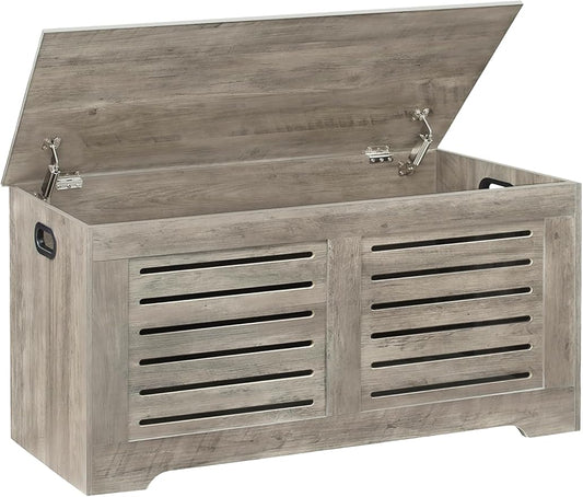 DINZI LVJ Storage Chest, 43.3â Wooden Toy Box with 2 Safety Hinges, Retro Entryway Shoe Storage Bench with Flip-Top, Sturdy Large Storage Trunk for Living Room, Bedroom, Easy Assembly, Gray Wash