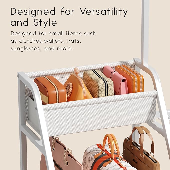 Purse Organizer for Women - 3-Tier Storage Stand & 12 Fixed Hooks, Visible Backpack Storage, Space-Saving Bag Organizer Rack for Home, Closet, White