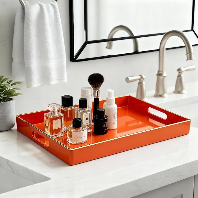 Zosenley Decorative Tray, Rectangular Plastic Tray with Handles, Modern Vanity Tray and Serving Tray for Bathroom, Kitchen, Ottoman and Coffee Table, 15.6â x 10.2â (Orange)