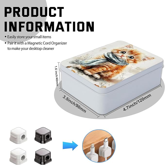 Metal Tin Box with Lid,Multi-functional Storage Box Can Store Tea Biscuits Game Cards, Playing & Tarot Cards-Comes with 4 Magnetic Cord Clips,Kitten with Blue Scarf