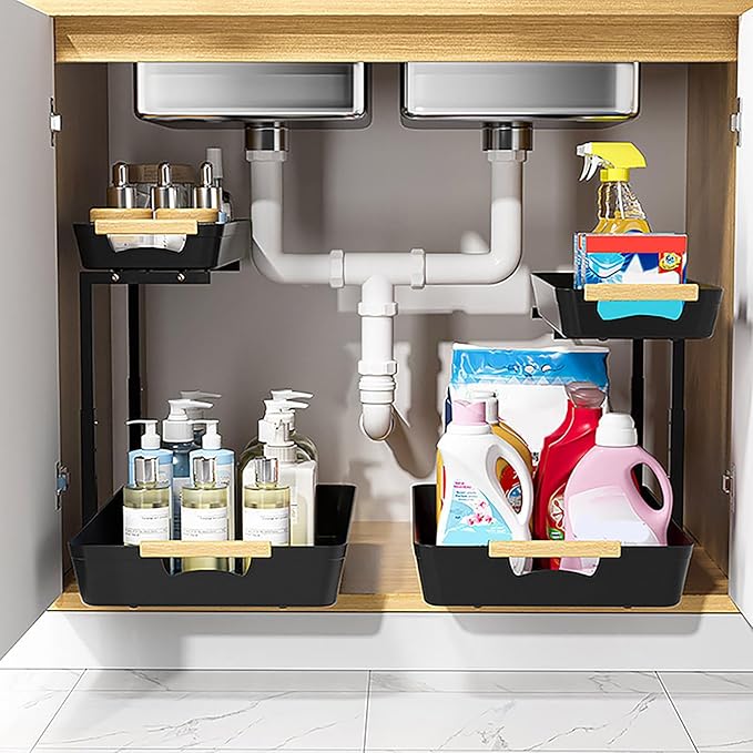 Under Sink Organizers and Storage, 2 Tier Pull Out Bathroom Cabinet Organizer with Sliding Drawer, Height Adjustable Under Sink Storage for Kitchen Bathroom Cabinet Black