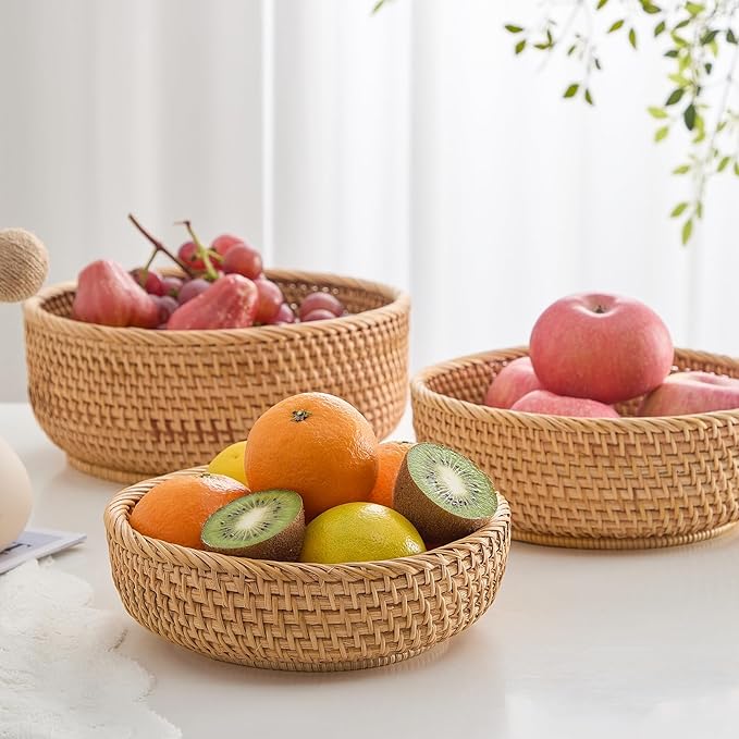 Hand-Woven Stackable Rattan Basket, Set of 3, Fruit Bread Serving Bowls, for Farmhouse Kitchen Storage & Decor