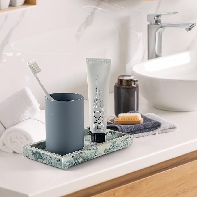 Natural Small Marble Vanity Tray, Luxury Stone Organizer for Bathroom & Kitchen | Holds Soap Dispenser, Jewelry, Perfume | Non-Resin, Non-Ceramic Décor (Cyan-Green, Mini (7.9" x 4.3" x 0.78"))