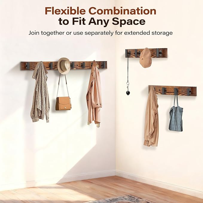 4 Pack Coat Rack Wall Mount, Rustic Coat Hooks Wall Mounted with 16 Black Metal Heavy Duty T Shaped Hooks, Pine Soild Wood Large Coat Hanger for Entryway, Living Room, Bathroom