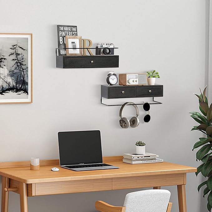 Floating Shelves - Wall Mounted Bathroom Shelf Set of 2 with Drawers, Rustic Wood Shelves for Bedroom, Living Room, Kitchen, Home Decor, Plants, Books (Black)