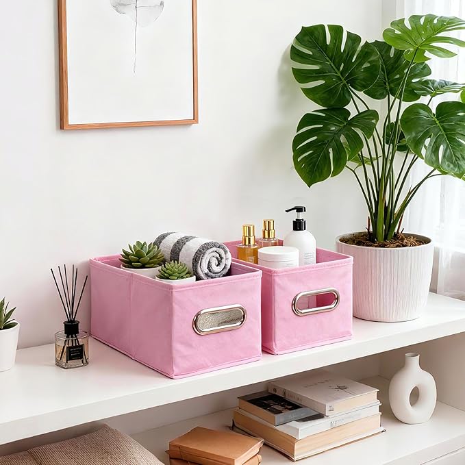 Narrow Storage Baskets for Shelves – Fabric Closet Organizers and Collapsible Storage Bins with Metal Handles – Space-Saving Baskets for Clothes, Towels, 5.9 x 11.8 x 5.9 inch (Pink)
