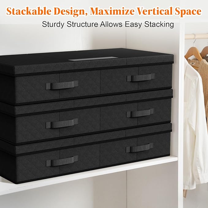 Under Bed Storage Containers with Lids - 3 Pack, Foldable and Stackable Clothes Storage Bags with Clear Window, 3-Sided Handles and Label Slot for Clothing, Blankets, Pillows (Black)