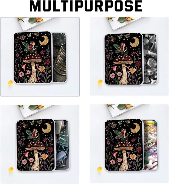 Metal Tin Box with Lid,Multi-functional Storage Box Can Store Tea Biscuits Game Cards, Playing & Tarot Cards-Comes with 4 Magnetic Cord Clips,Mushroom Fairy