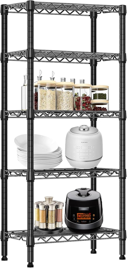 Heavy Duty Stainless Steel Kitchen Storage Rack, Adjustable Shelf Organizer with Non-Slip Mats, Black, for Cabinets, Countertops, Pantries (5-Tier Rack)