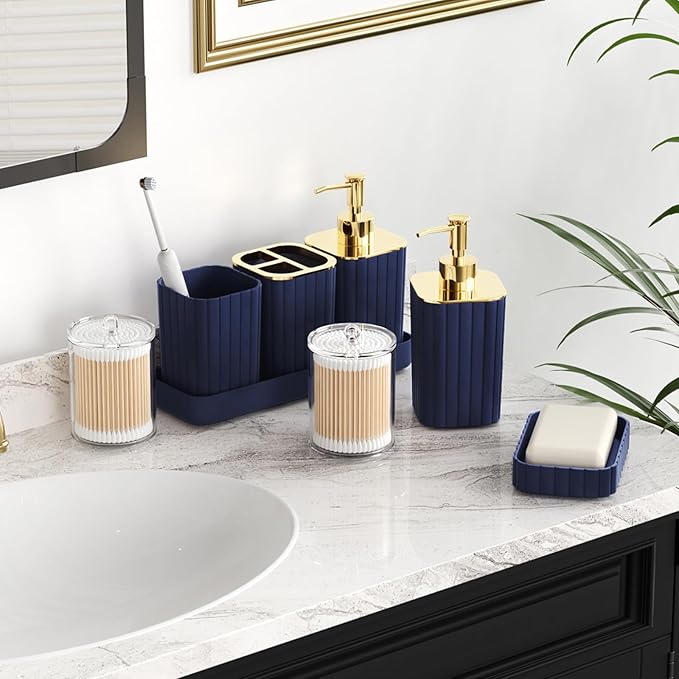 Bathroom Accessories Set - Gorgeous Bathroom Set, 10PC Navy Blue Bathroom Accessory Set, Toilet Brush, Trash Can, Qtip Holder & Soap Dispenser